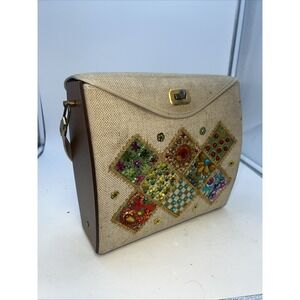 Vintage Jeweled Canvas‎ Box Bag Purse Jewel Flowers Wood 1960's